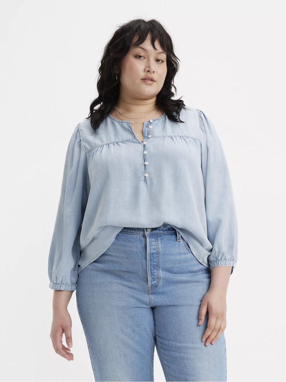Levi’s Halsey Blouse Size 3X Tech Tricks Light Wash Blouson Sleeves Relaxed Fit
